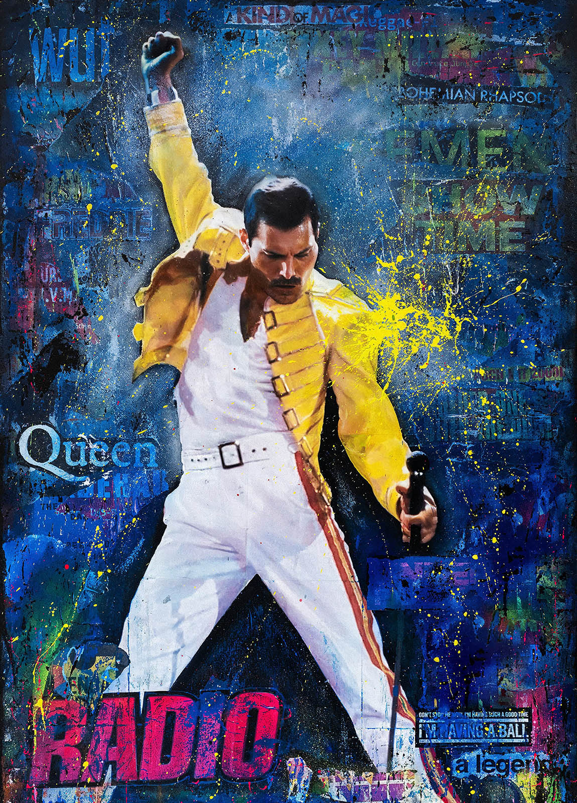 Fru Bugge, popart kunst som viser Freddy Mercury i Queen. Galleri2b har store malerier og originaler av Fru Bugge