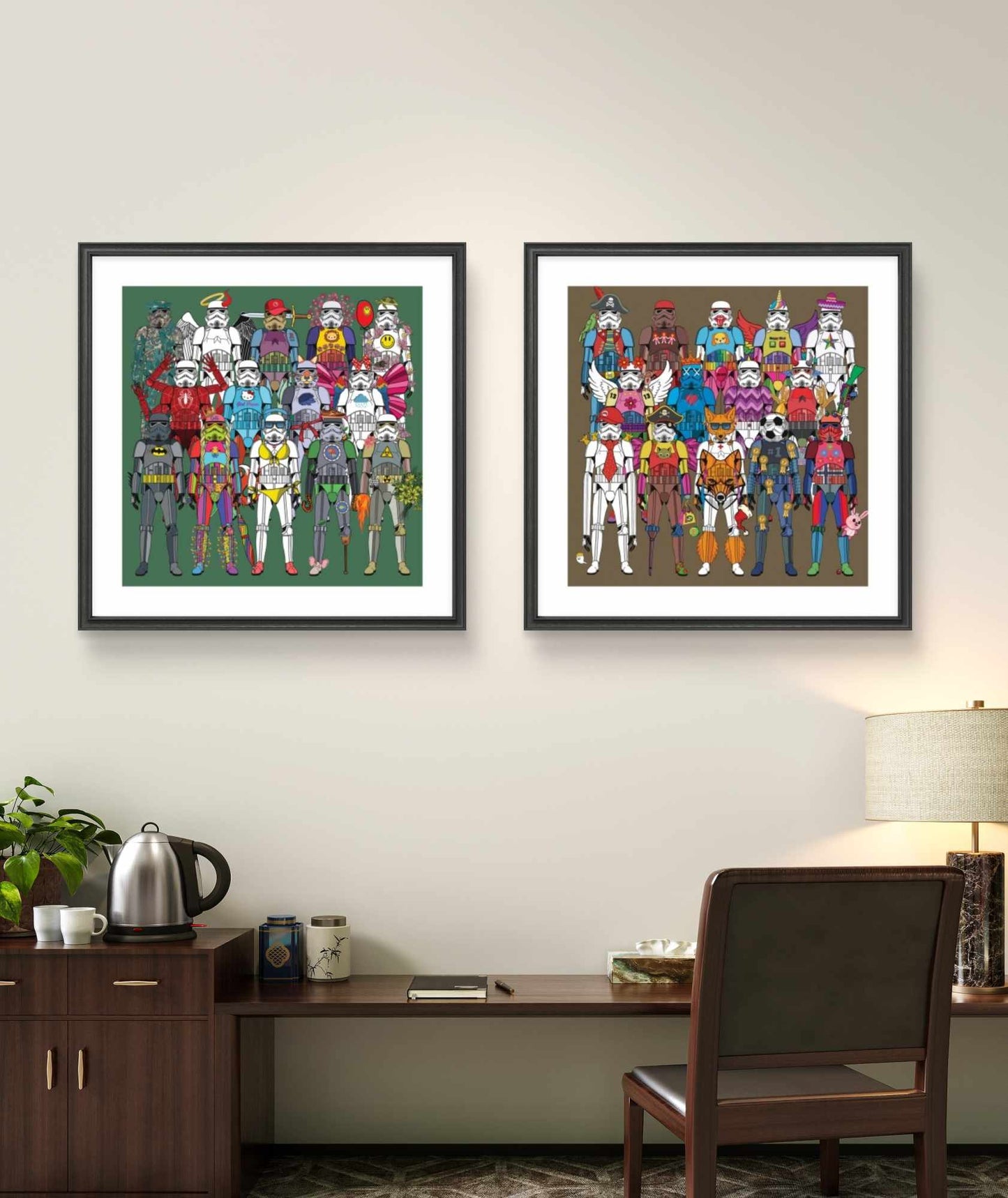 Ronny Bank sin populÊre serie "Trooperlove" Kunstverket er satt sammen av mange stormtroopere. Utleie av kunst. Galleri2b formidler utleie og salg av kunst til bedrifter. Ha variert kunst pÄ kontoret ved Ä leie kunst av Galleri2b