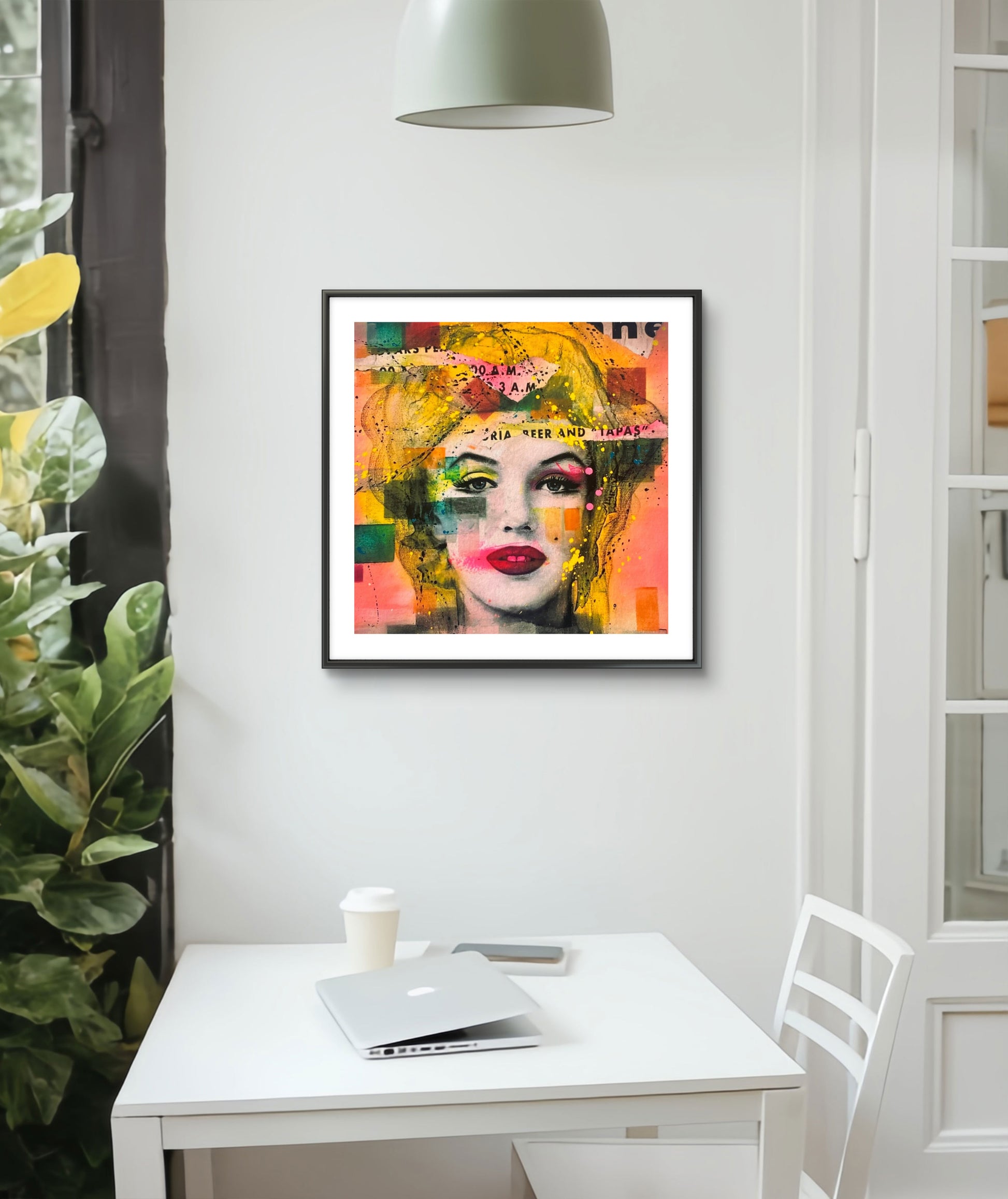 Popart av Fru Bugge. Her ser du Marilyn henge påveggen i miljø. Gi bot kunst i konfirmasjonsgave eller gi bort kunst i bryllupsgave. Vi har bytterett på all kunst. Galleri2b har et stort utvalg av popart