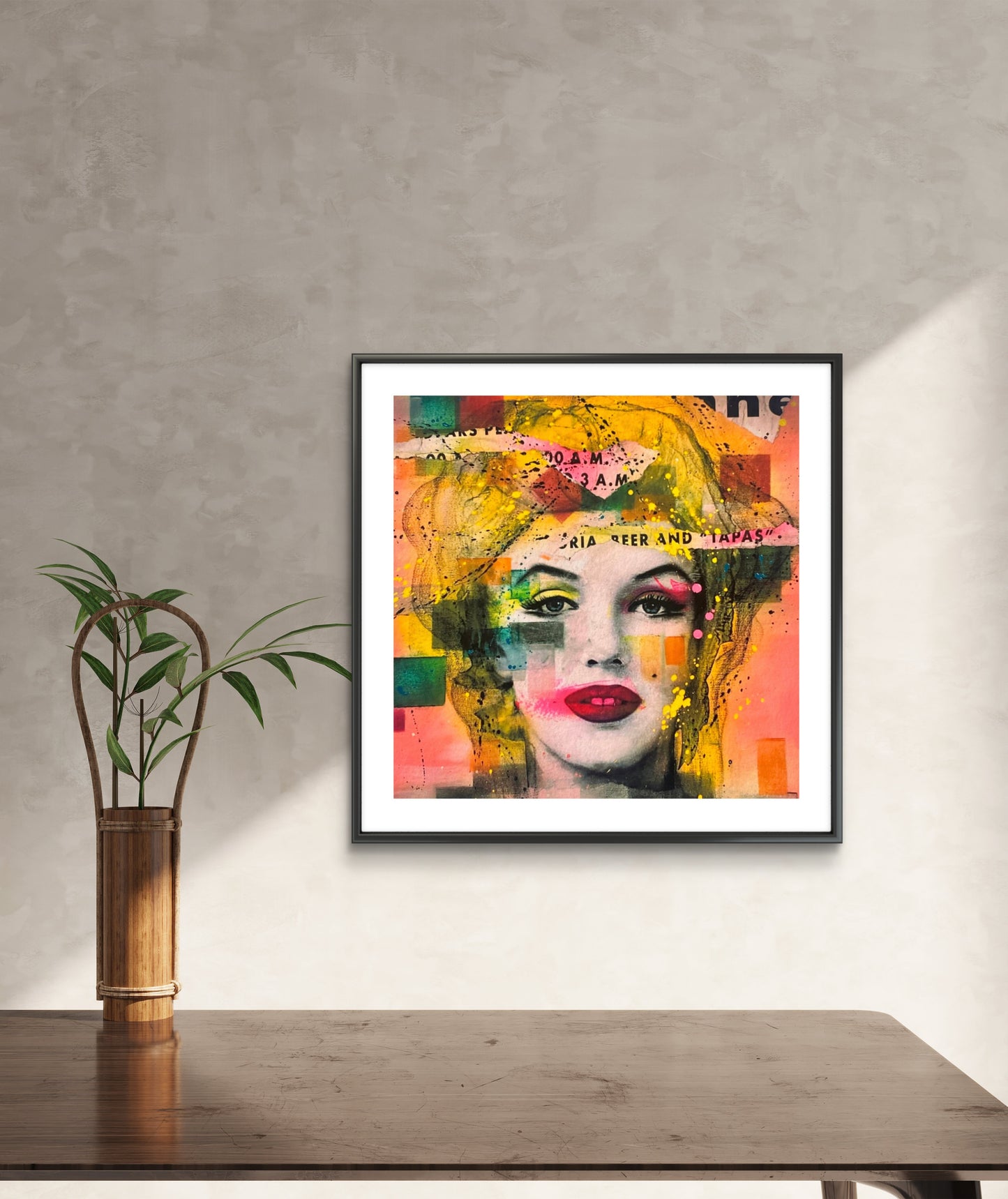 Popart av Fru Bugge vist i miljø. Her ser du kunsttrykket Marilyn i popart stil av Fru Bugge