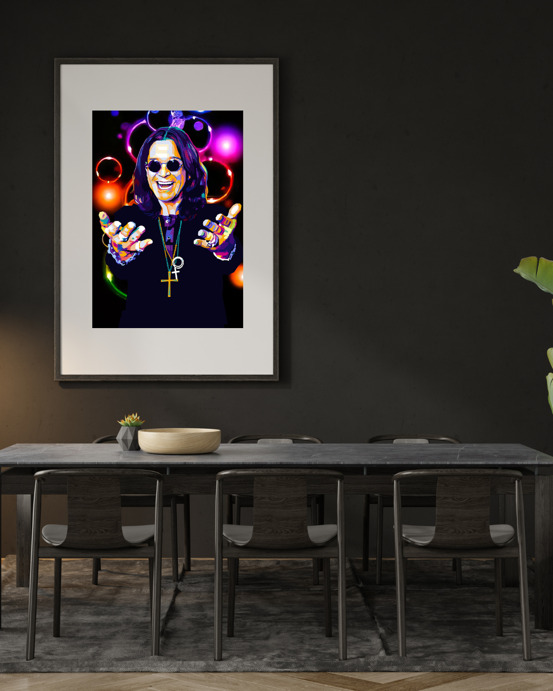 Ozzy Osbourne i sort ramme med hvit passepartout av kunstner Torbjørn Endrerud (Tendart)