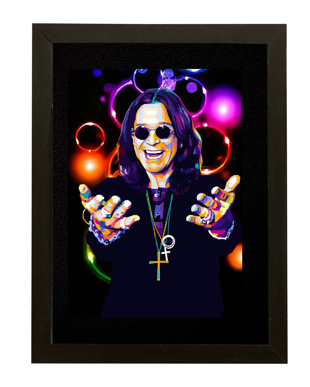 Portett av rockeartisten Ozzy Osbourne med sort passepouturt og sort ramme. Kunstneren er Torbjørn Endrerud som går under kunstnernavnet Tendart