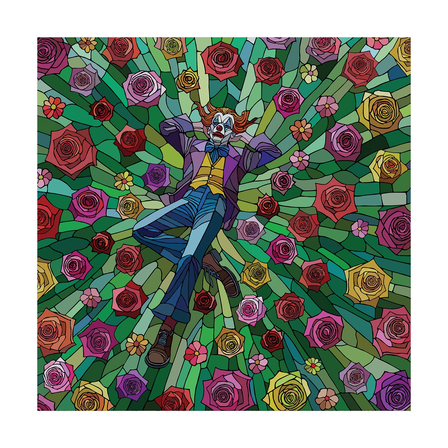 Popart kunst av Ronny Bank. Her ser du motiet "Somewhere over the rainbow" En klovn ligger på blomster