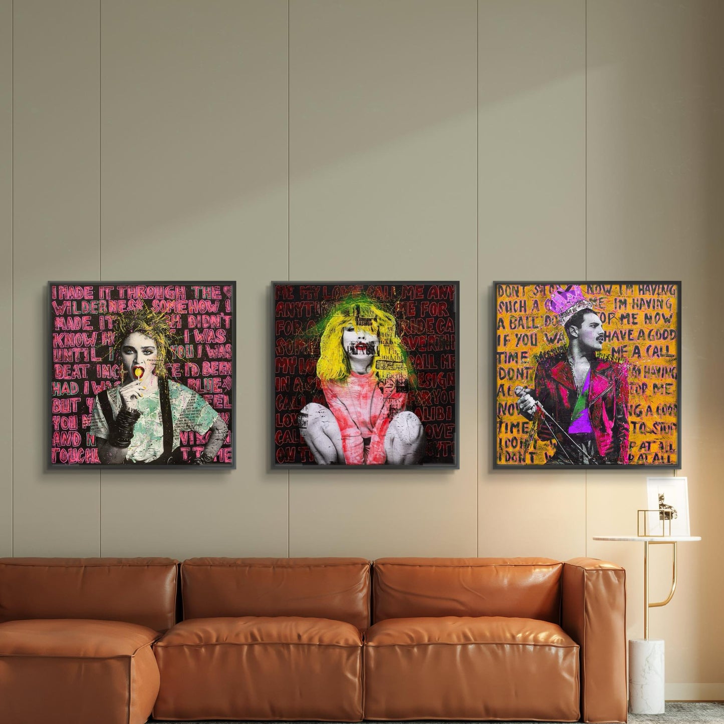 Tre ikoner i pop art stil. Miks de sammen på veggen. Fru BUgge regnes som dronningen av pop art og streetart i Norge. Perfekt konfirmasjonsgave eller bryllupsgave