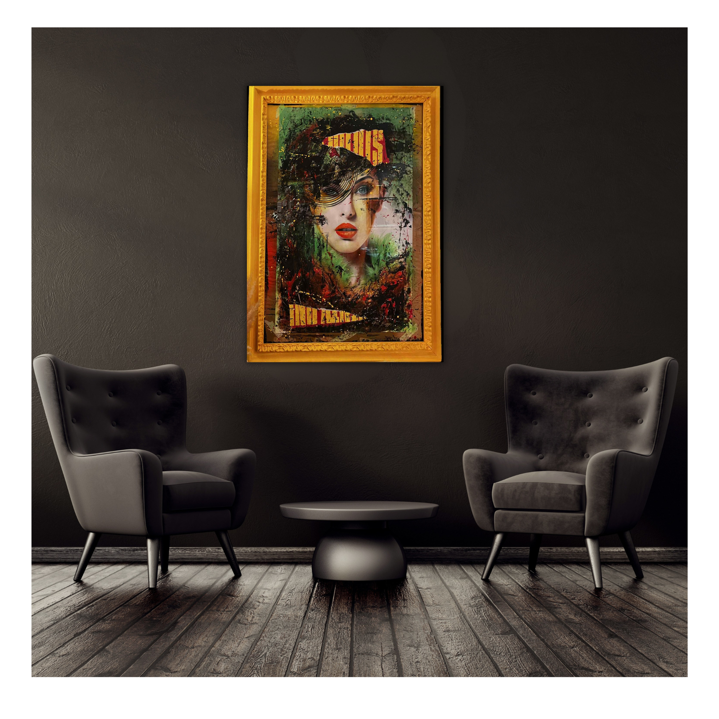 “Fru Bugges kunstmotiv fra sjokoladeesken vist som bilde på vegg i moderne interiør. Fargerik og uttrykksfull popart-stil.”