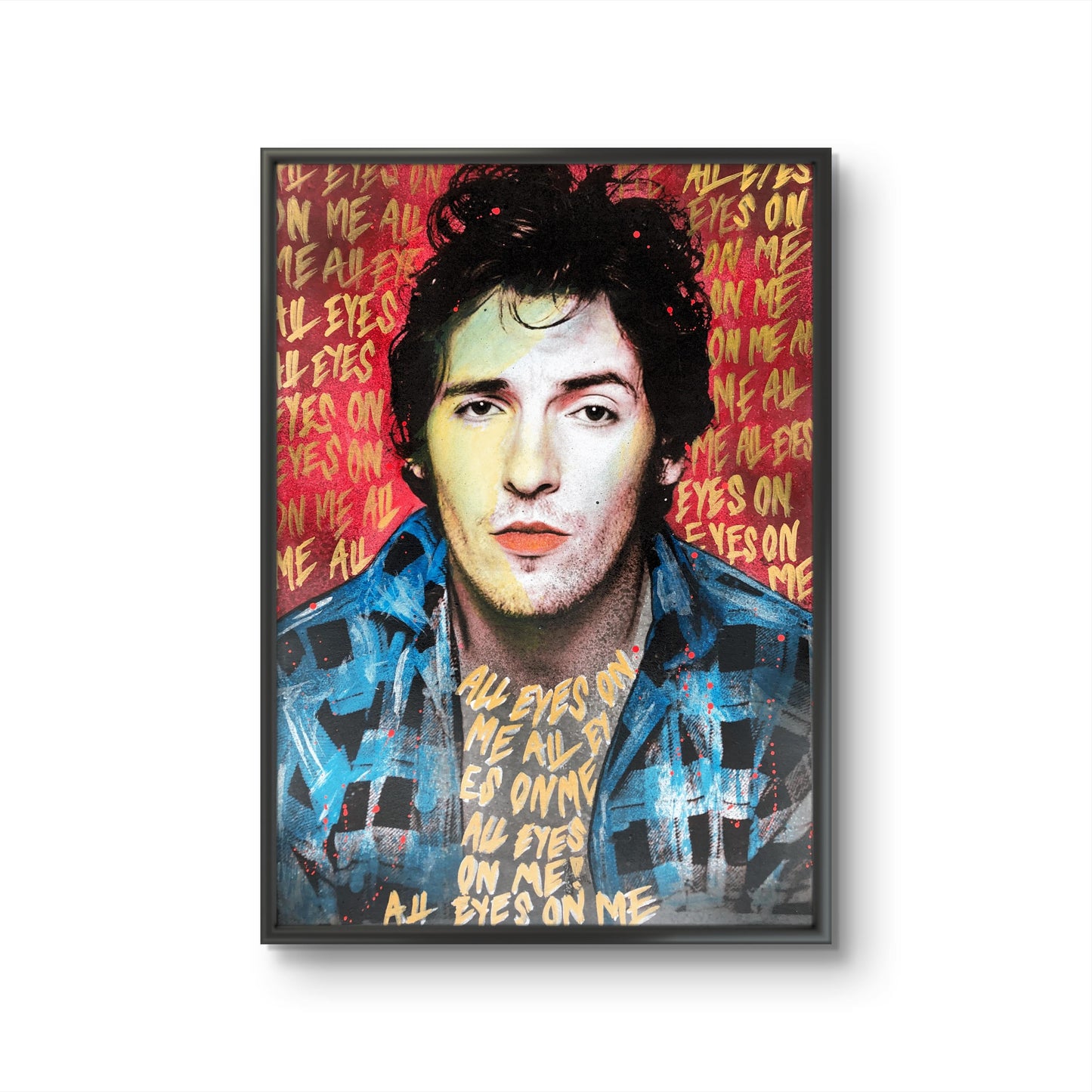 Bruce Springsteen av Fru Bugge. Galleri2b har et stort utvalg av popart og streetart. Vi formidler store malerier/originaler. Fru Bugge har hatt stor sukess med blant annet utstillingen "Bank & Larsen med Fru Bugge i bagasjen" i samarbied med Ronny Bank og Rino Larsen