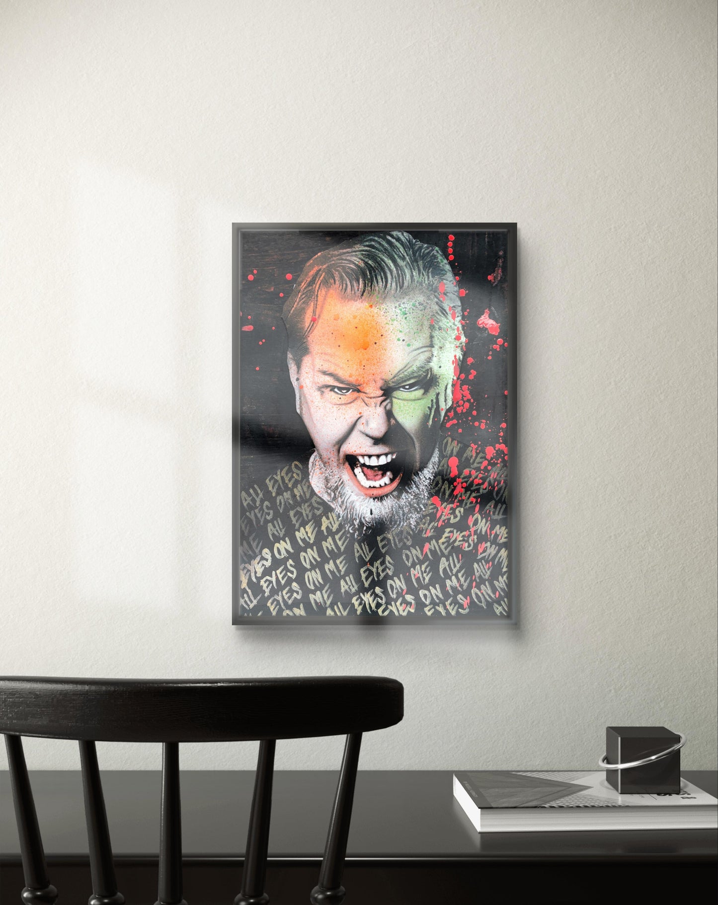 Hva med å henge idolet ditt på veggen? All eyes on me "James Hetfield i pop art stil av Fru Bugge. Galleri2b formidler store malerier /originaler i pop art stil og streetart stil av Fru BUgge