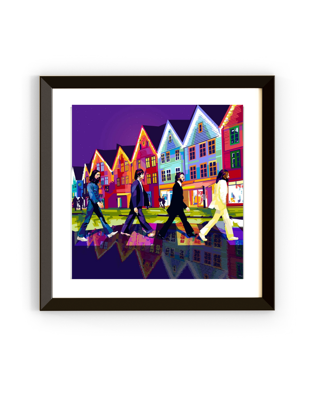Popart-trykk med The Beatles foran Bryggen i Bergen, laget av Torbjørn Endrerud. Tendart forener norsk arkitektur og britisk musikkikon (Bryggen Beat)