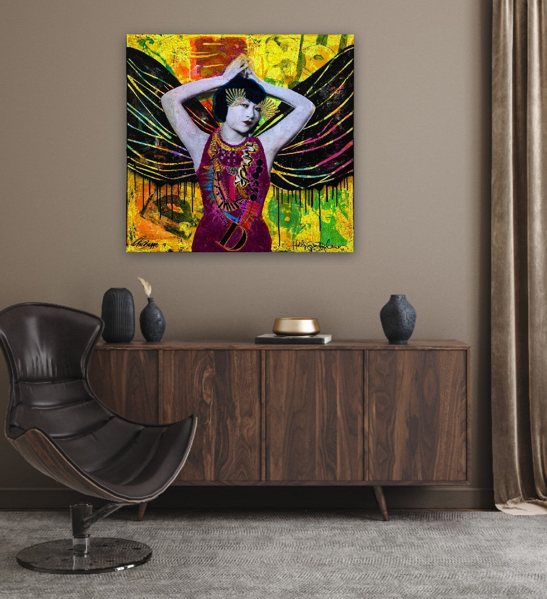 Fru Bugge - Holly Susanne Rader - Originalen, Hilde Bugge, Stort maleri, original, Popart, Hilde Bugge, Boligmesse, Boligmesse Hellerudsletta, Fineart galleri, Fargerikt interiør