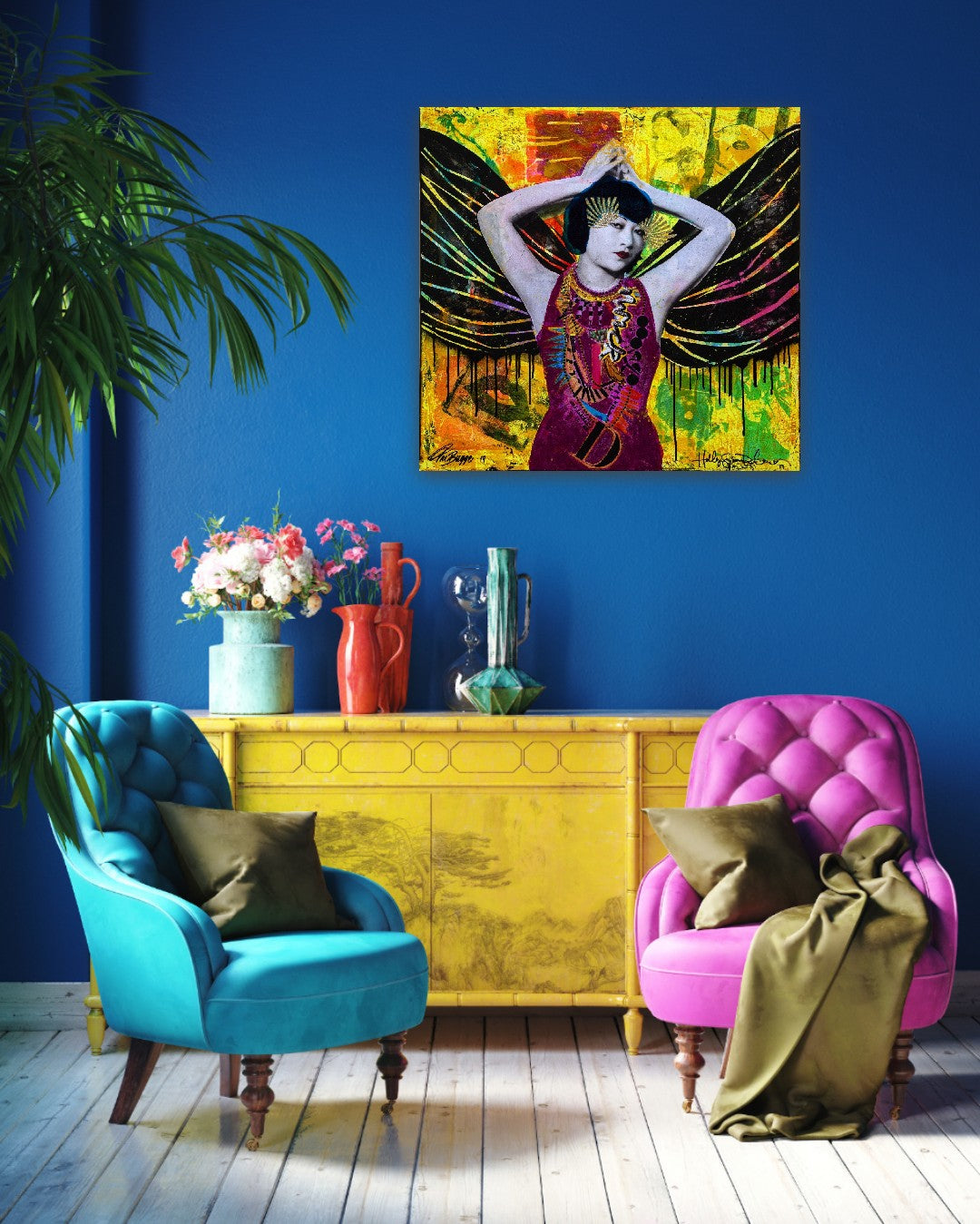Fru Bugge - Holly Susanne Rader - Originalen, Hilde Bugge, Stort maleri, original, Popart, Hilde Bugge, Boligmesse, Boligmesse Hellerudsletta, Fineart galleri, Fargerikt interiør