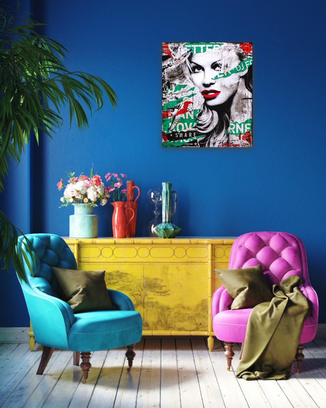 Fru Bugge, Pamela, Pamela Anderson, KUnsttrykk, Original av Fru bugege, Popart, Boligmesse, Boligmesse Helllerusletta, Fineart, Kunstgalleri, Galleri, Hilde Bugge