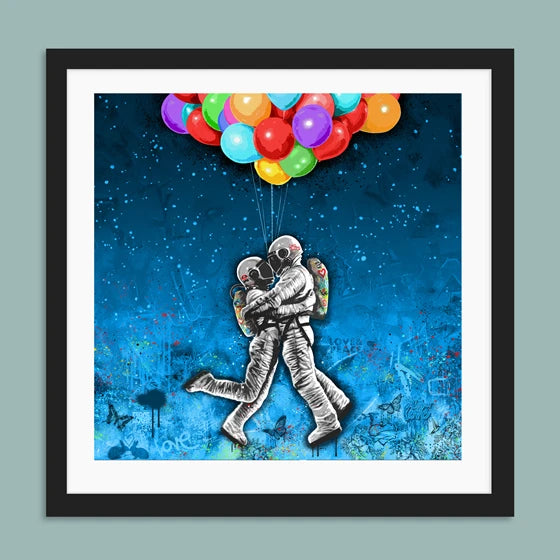 Rino Larsen, kunsttrykket To The Moon, astronauter, astronautkunst, Boligmessen Hellerudsletta, Fineart, Galleri2b, Valentinesgave, Valentinegift