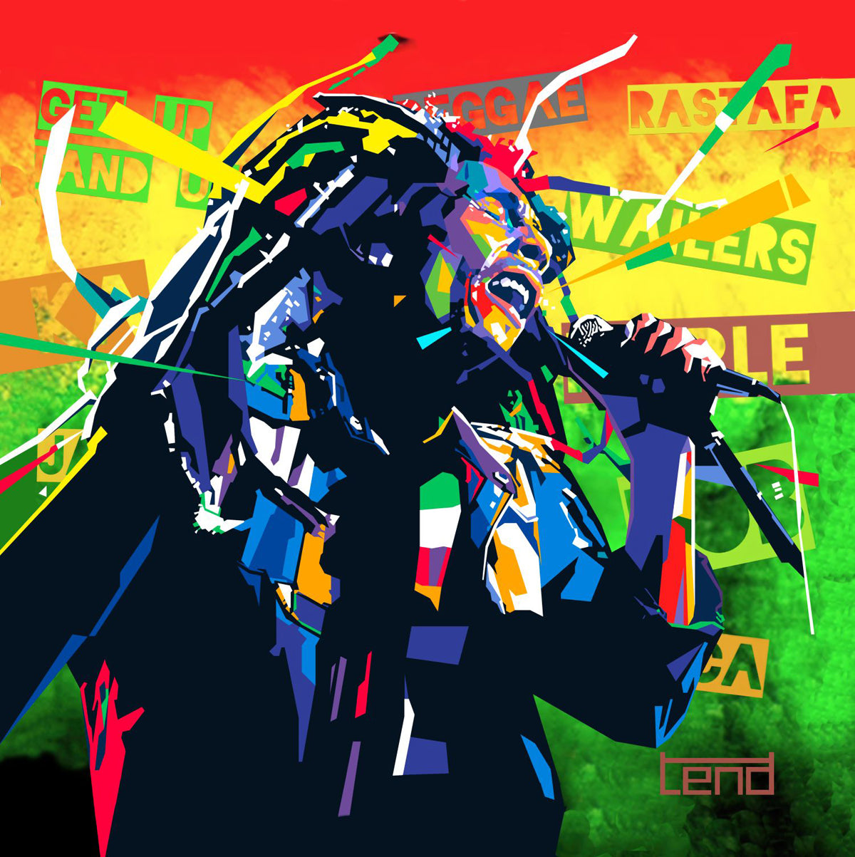 Popart-kunst av Bob Marley i sterke reggaefarger, laget av Torbjørn Endrerud under kunstnernavnet Tendart. Kunstverket viser Bob Marley syngende med mikrofon, omgitt av rød, gul og grønn bakgrunn med ordene “Get up”, “Reggae”, “Wailers” og “Rastafa”. Et digitalt kunstverk med høy kontrast og rytmisk energi