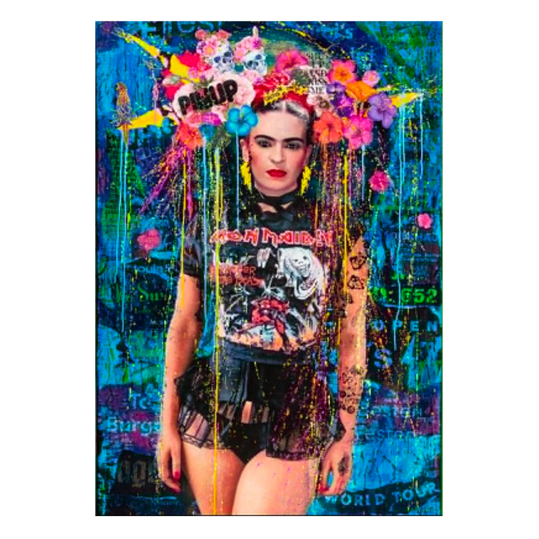 Frida Kahlo i popart stil av den populære kunstneren Fru Bugge. Trykket er håndkolorert