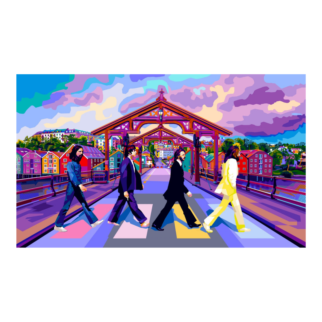 Her ser du trykket Bryggen beat. Gamle Bybro i Trondheim tolket i popoart stil med beatles som går over broen