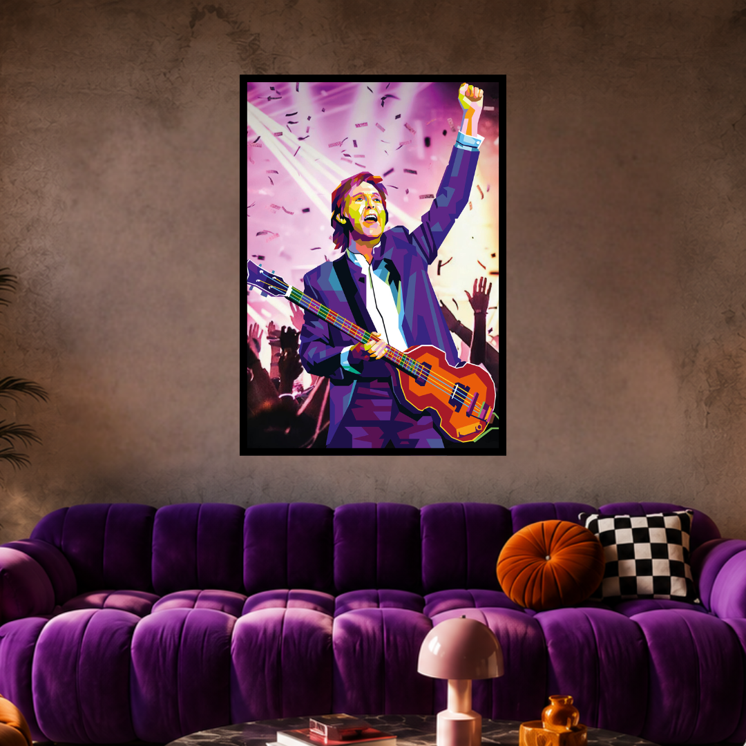 Paul McCartney tolket i popart stil av den populære popart kunstneren tendart (Torbjørn Endrerud). Vist i miljø over lilla soa