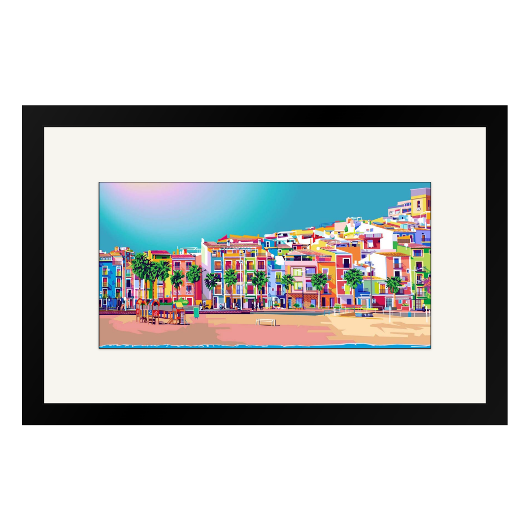 La Villa i Spania Old Town, vist i pop art-stil med sort ramme og hvit passepartout. Tolket av kunstner Tendart. 