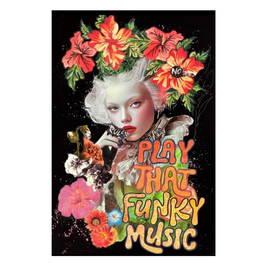 Hankpolorert trykk av den populære popart kunstneren Fru Bugge.. Trykket heter Funky Music