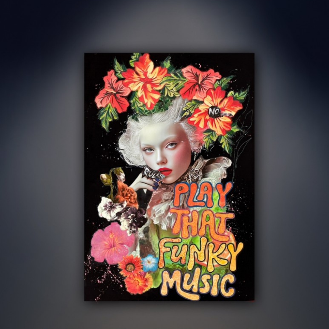 Funky Music er et kunstrykk i popart stil av den populære popart kunstneren Fru Bugge. Dronningen av popart 