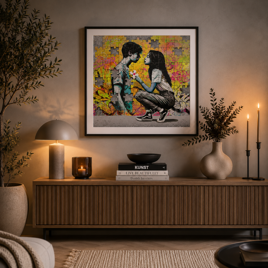 Her ser du kunsttrykket "Puzzle" av popart kunstneren Rino Larsen. Trykket er vist i miljø over en skjenk