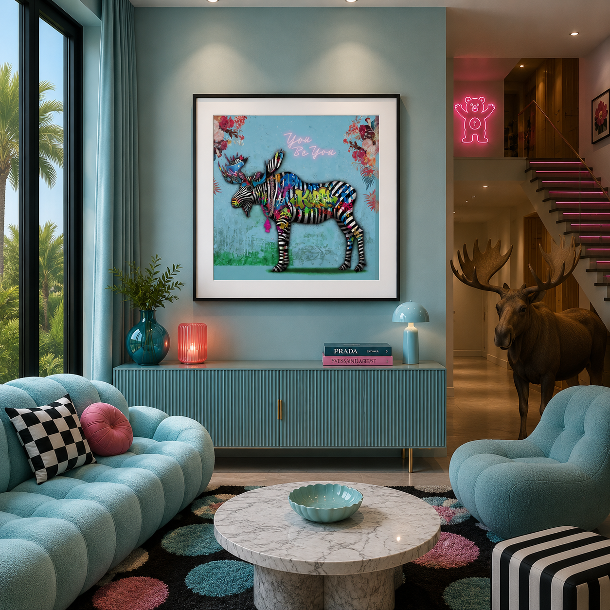 Popart trykk Royal Blue av en elg i popart stil. Kunstneren heter Rino Larsen 