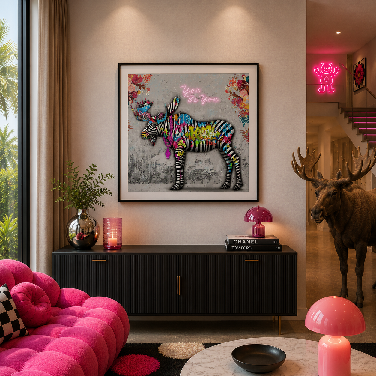 Her ser du et kunstverk av en elg i popart stil. Kunstneren er popart kunstneren Rino Larsen 