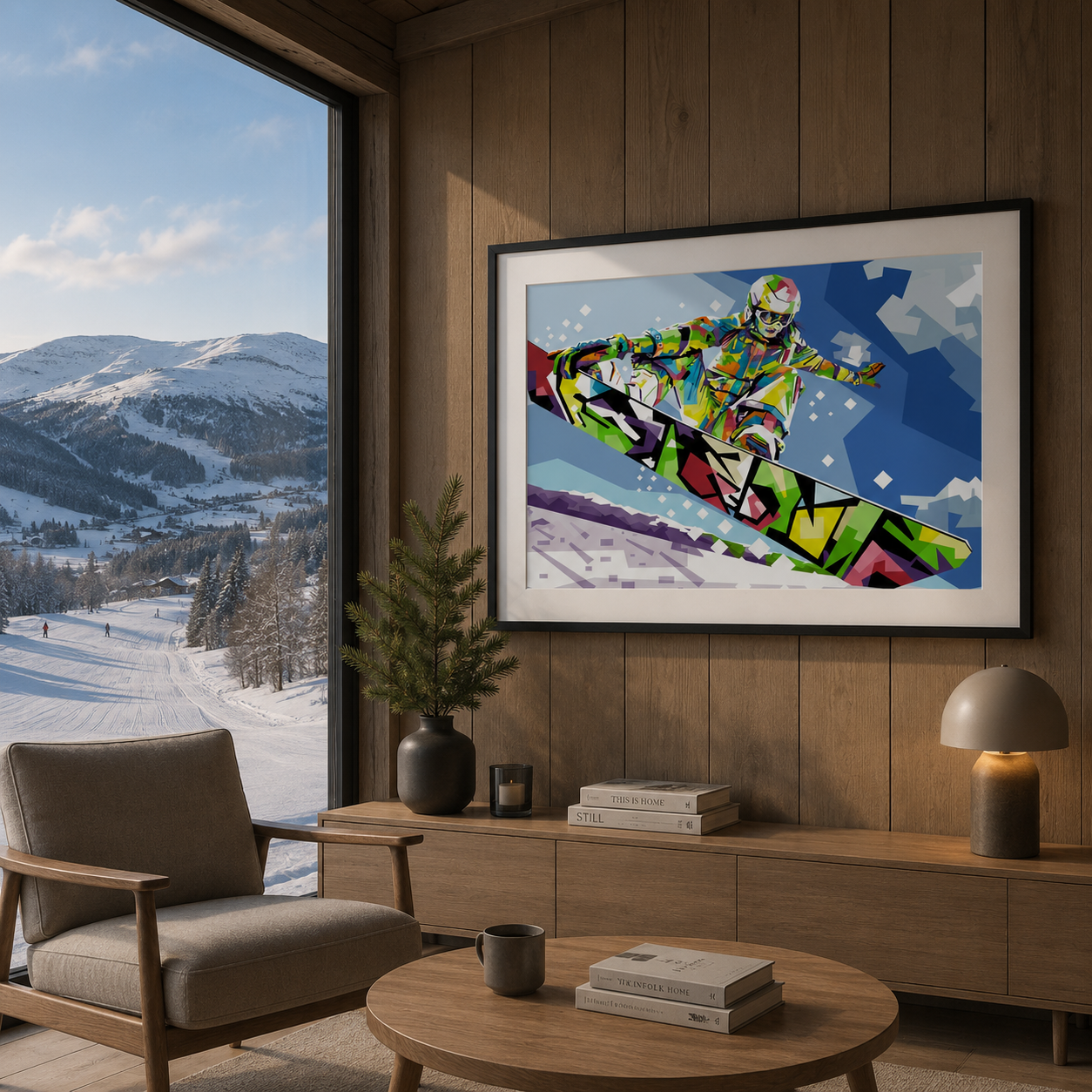 Kunsttrykket *Flying* i popart-stil av popart-kunstneren Tendert, vist på vegg i miljø. 