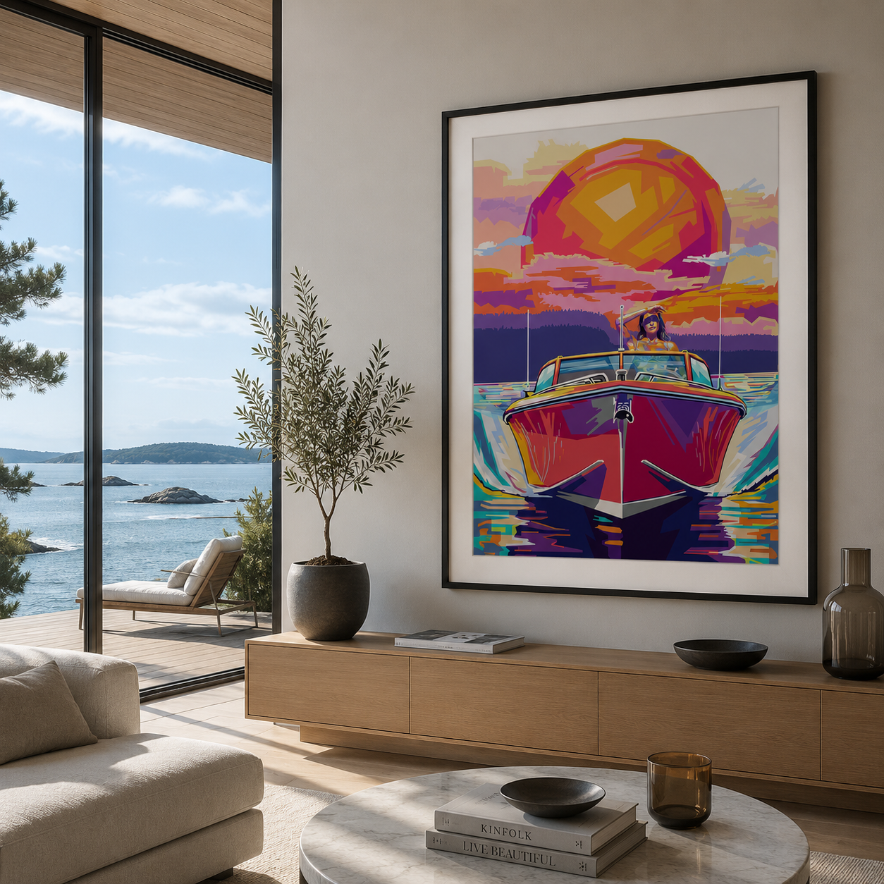Popart kunsttrykk av tenndart, vist i sort ramme med hvit passepartout, på vegg med utsikt til sjøen. 
