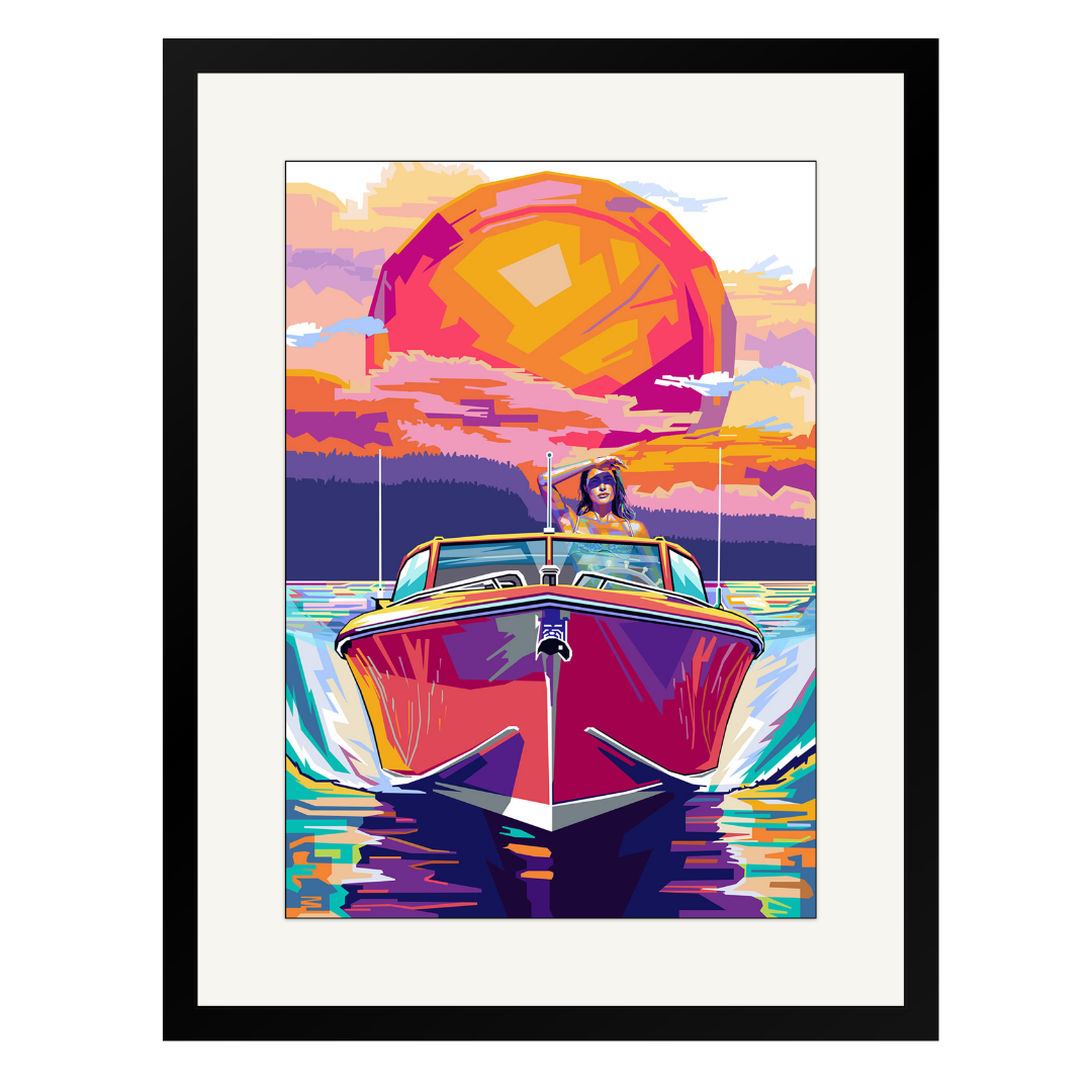Seiling tolket av popart kunstner i popart stil med sterke farger, inkludert sort ramme og hvit passepartout. 