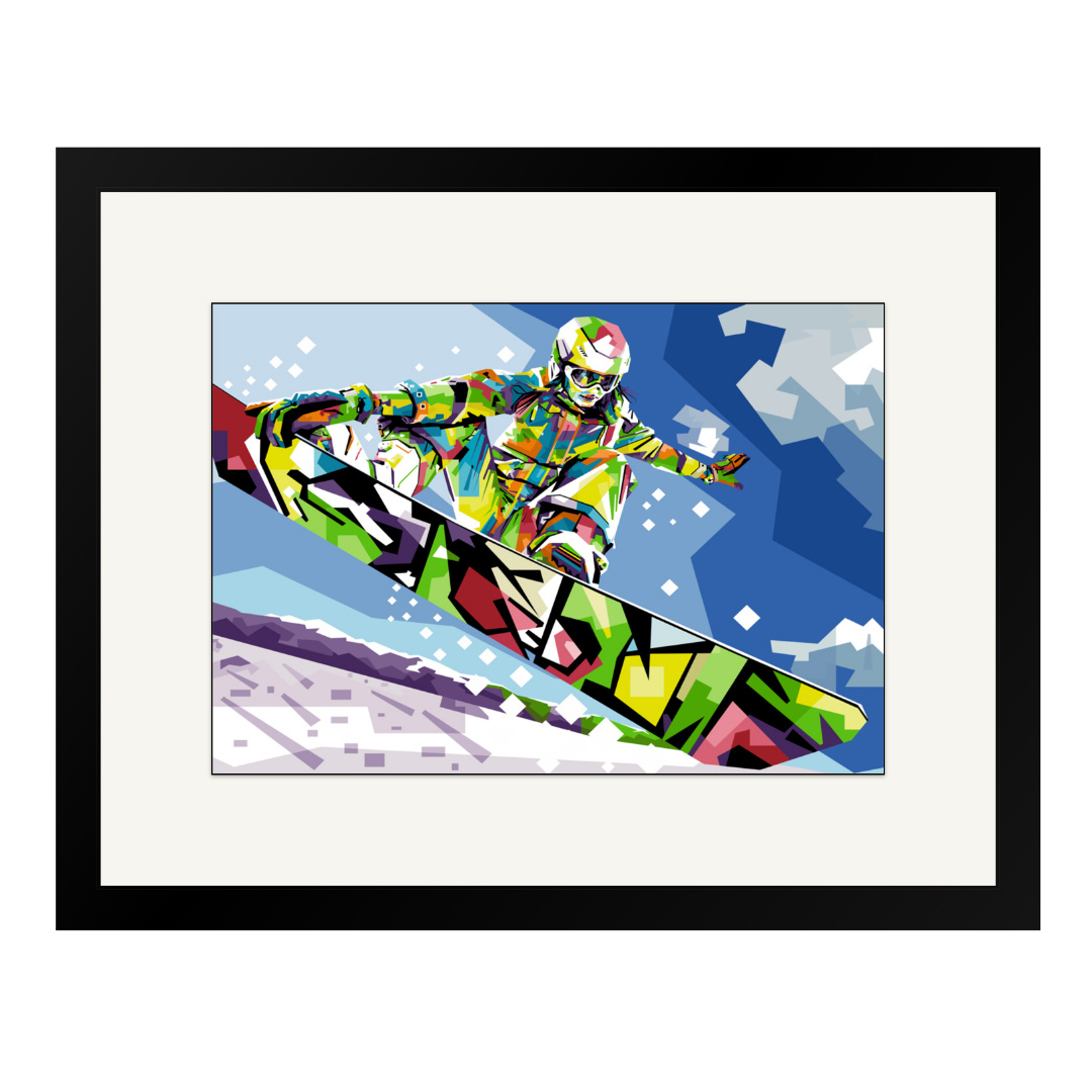 Snowboarder i pop art-stil. Kunsttrykk med hvit passepartout og sort ramme. 