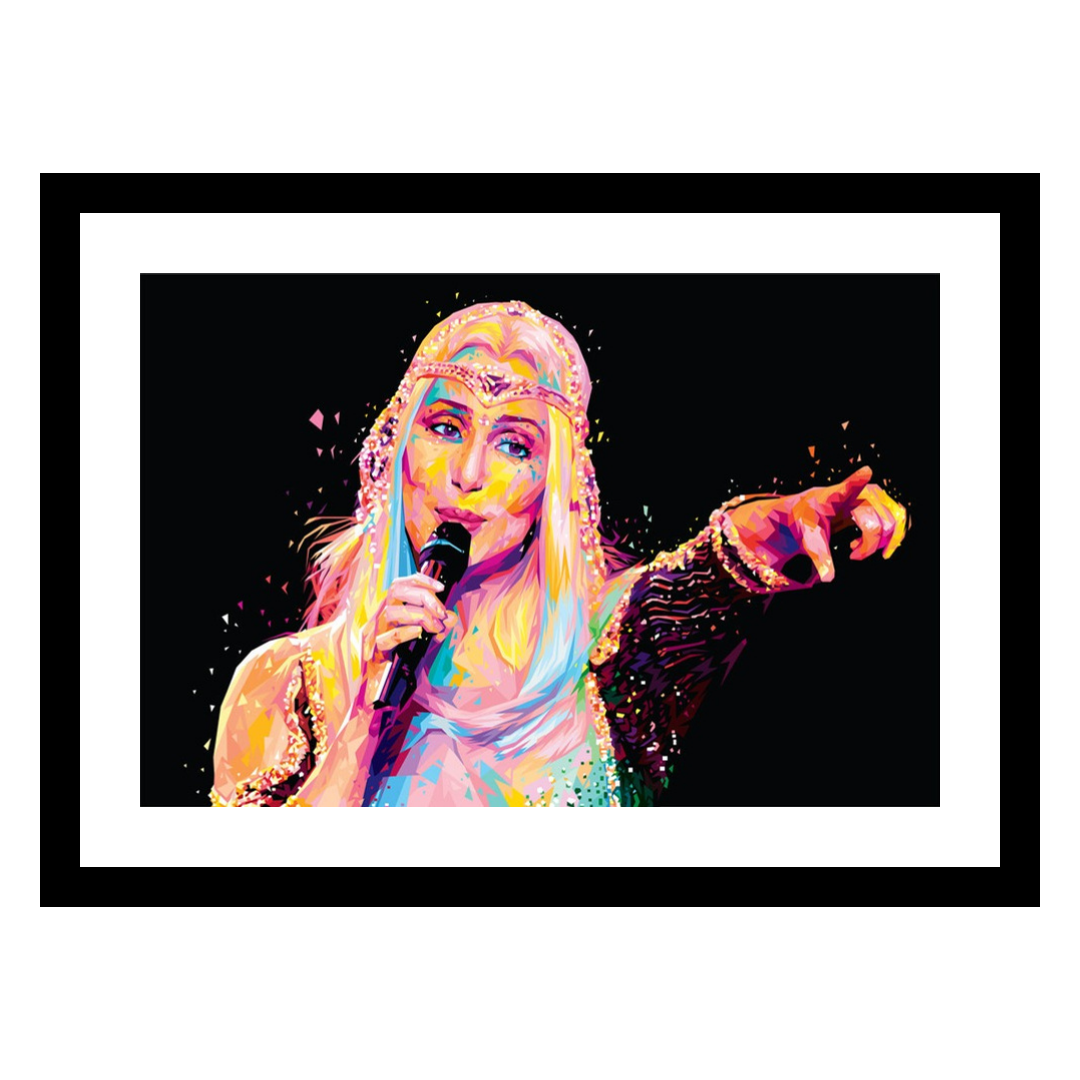 Popart av Cher av Tendart - kunst til salgs, sort ramme med hvit passepartout