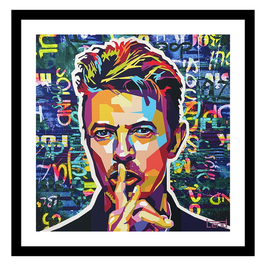 Popart av David Bowie av Tendart - kunst til salgs, sort ramme med hvit passepartout