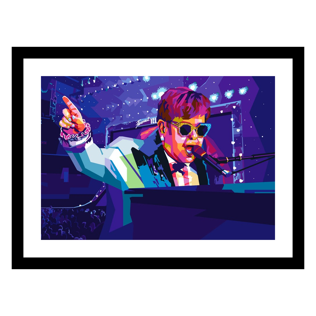 Popart av Elton John av Tendart - kunst til salgs, sort ramme med hvit passepartout