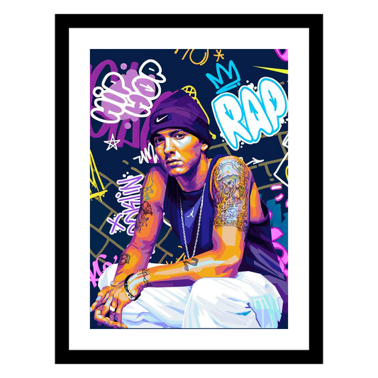 Popart av Eminem av Tendart - kunst til salgs, sort ramme med hvit passepartout