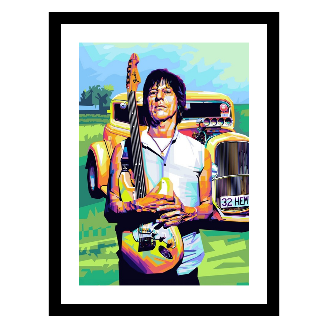 Popart av Jeff Beck av Tendart - kunst til salgs, sort ramme med hvit passepartout