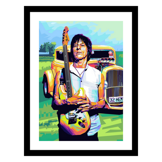 Popart av Jeff Beck av Tendart - kunst til salgs, sort ramme med hvit passepartout