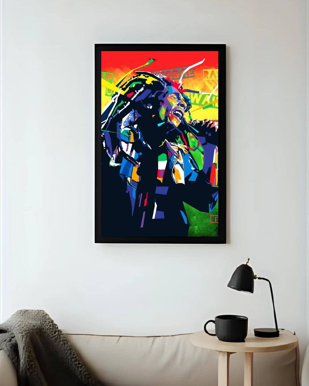 popart-stil: sanger i reggaainspirert komposisjon. Laget av Torbjørn Endrerud (Tendart). Fargene og teksten i bakgrunnen fremhever kunstens tema: musikk, identitet og kraft.