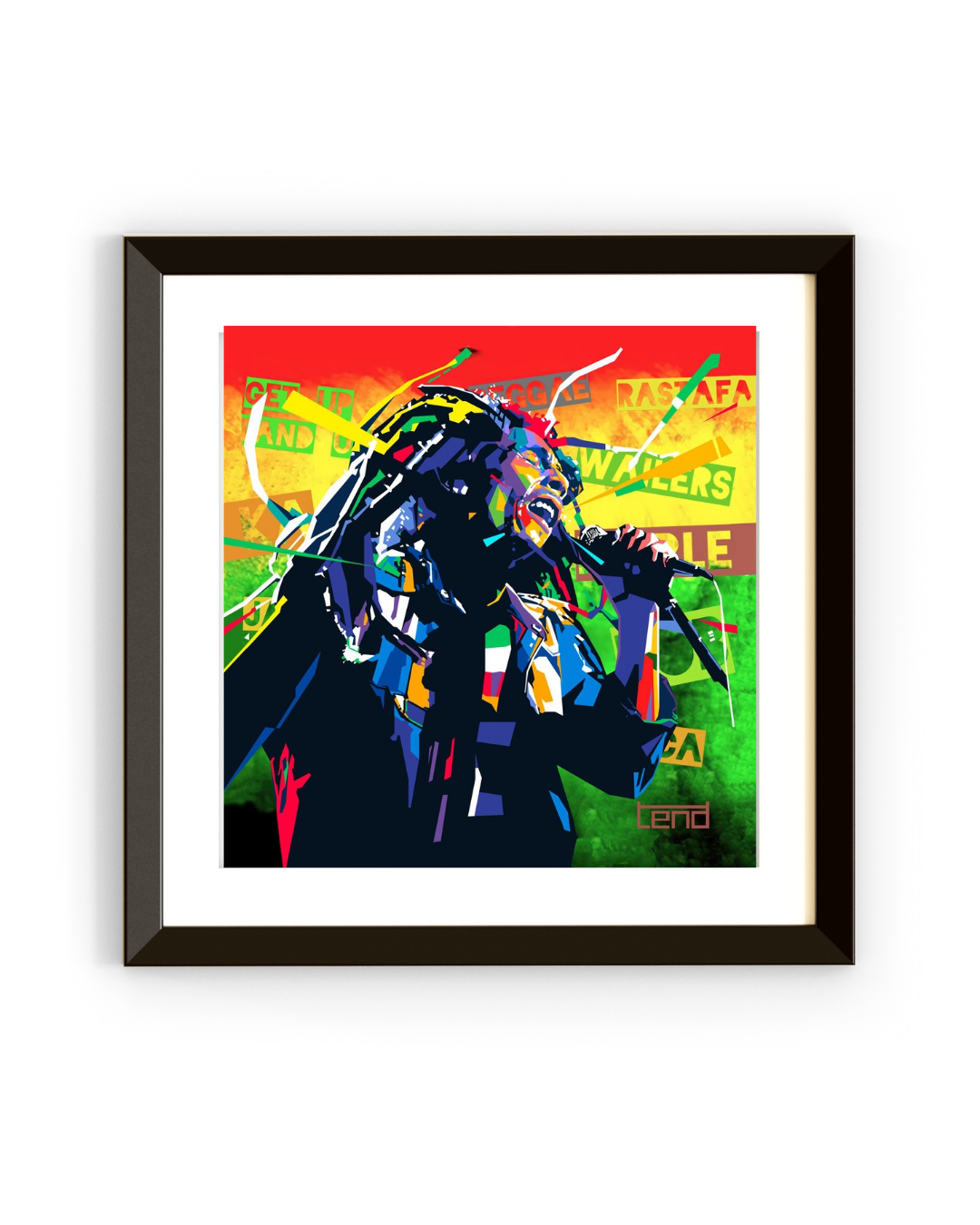 kunstverk i reggae-stil av Tendart. Viser en ikonisk musiker med mikrofon, omgitt av tekstfragmenter som “Get up”, “Reggae” og “Rastafa”. Lyssterke farger og kraftig kontrast gir liv og energi til verket