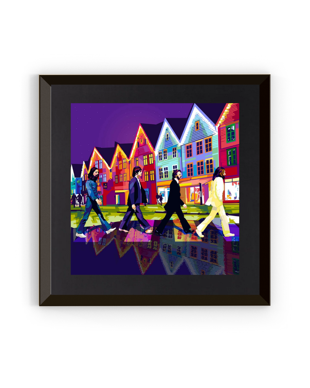 Fargerik popart av The Beatles som krysser gaten foran Bryggen i Bergen. Kunstverk av Torbjørn Endrerud under kunstnernavnet Tendart (Bryggen Beat) 