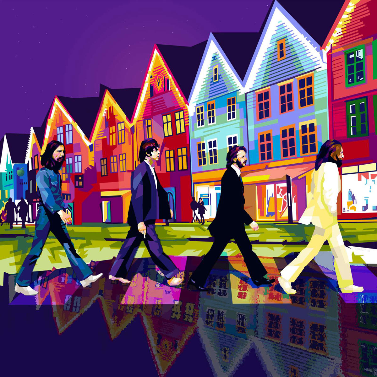 Popart-kunst av Bryggen i Bergen kombinert med Beatles' ikoniske Abbey Road-motiv. Skapt av kunstneren Torbjørn Endrerud (Tendart) (Bryggen Beat) 