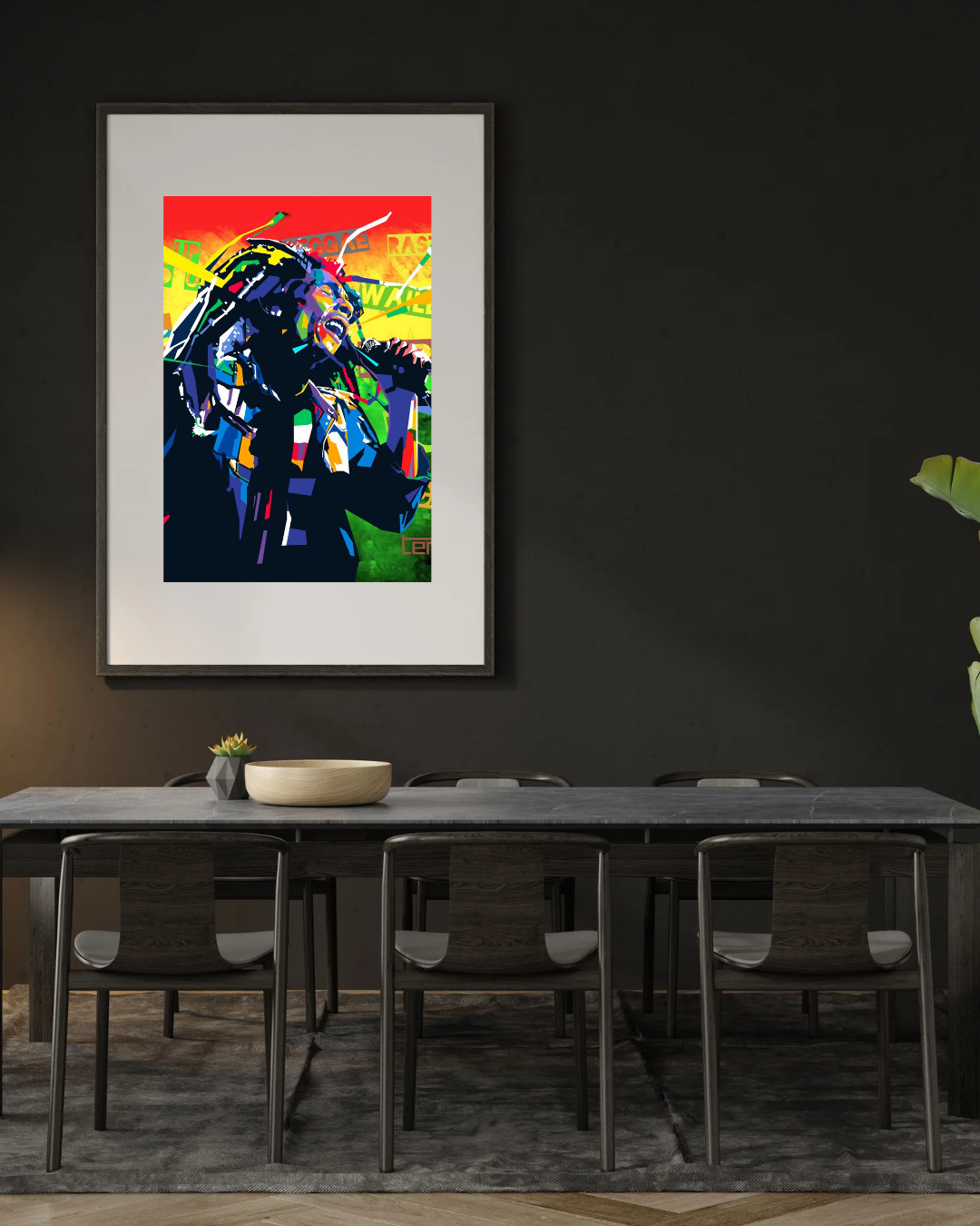 Tendart sitt moderne popart-verk av Bob Marley, signert Torbjørn Endrerud. Kunst i dype farger og høy kontrast, hvor Marley synger med lukkede øyne mot en bakgrunn preget av reggae og rastafarisymbolikk