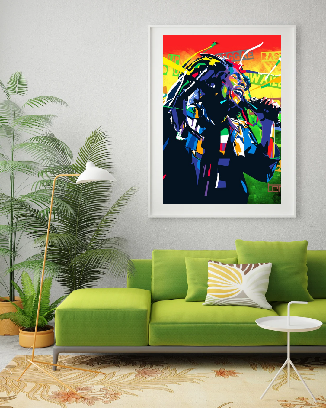 Popart-portrett av Bob Marley laget av kunstneren Torbjørn Endrerud, kjent som Tendart. Et eksplosivt og fargerikt kunstverk i reggae-stil, hvor den ikoniske sangeren fremstår i kraftige kontraster med mikrofon i hånden