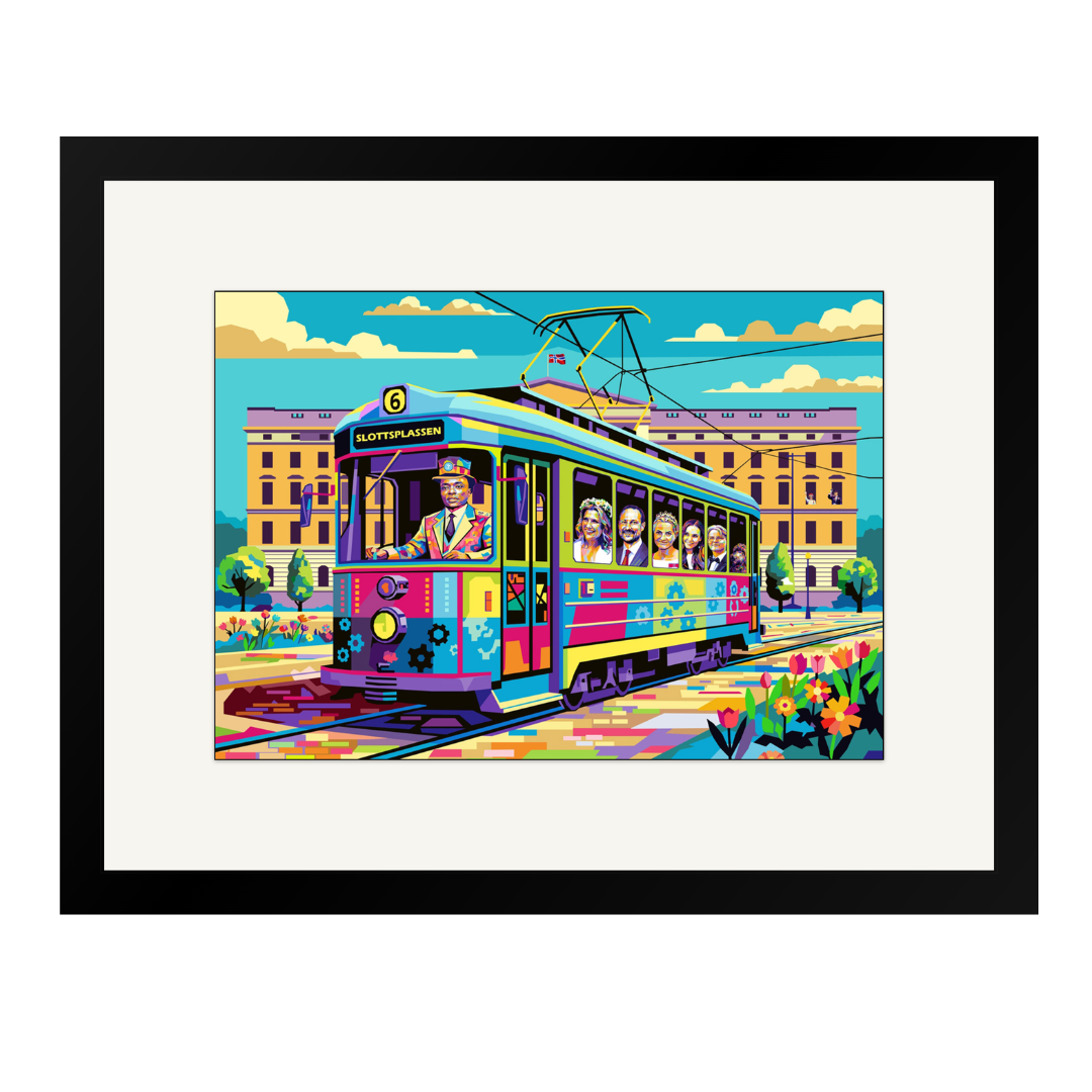 Popart av Oslo-trikken i fargerike farger av Tendart viser kongefamilien i trikken. 