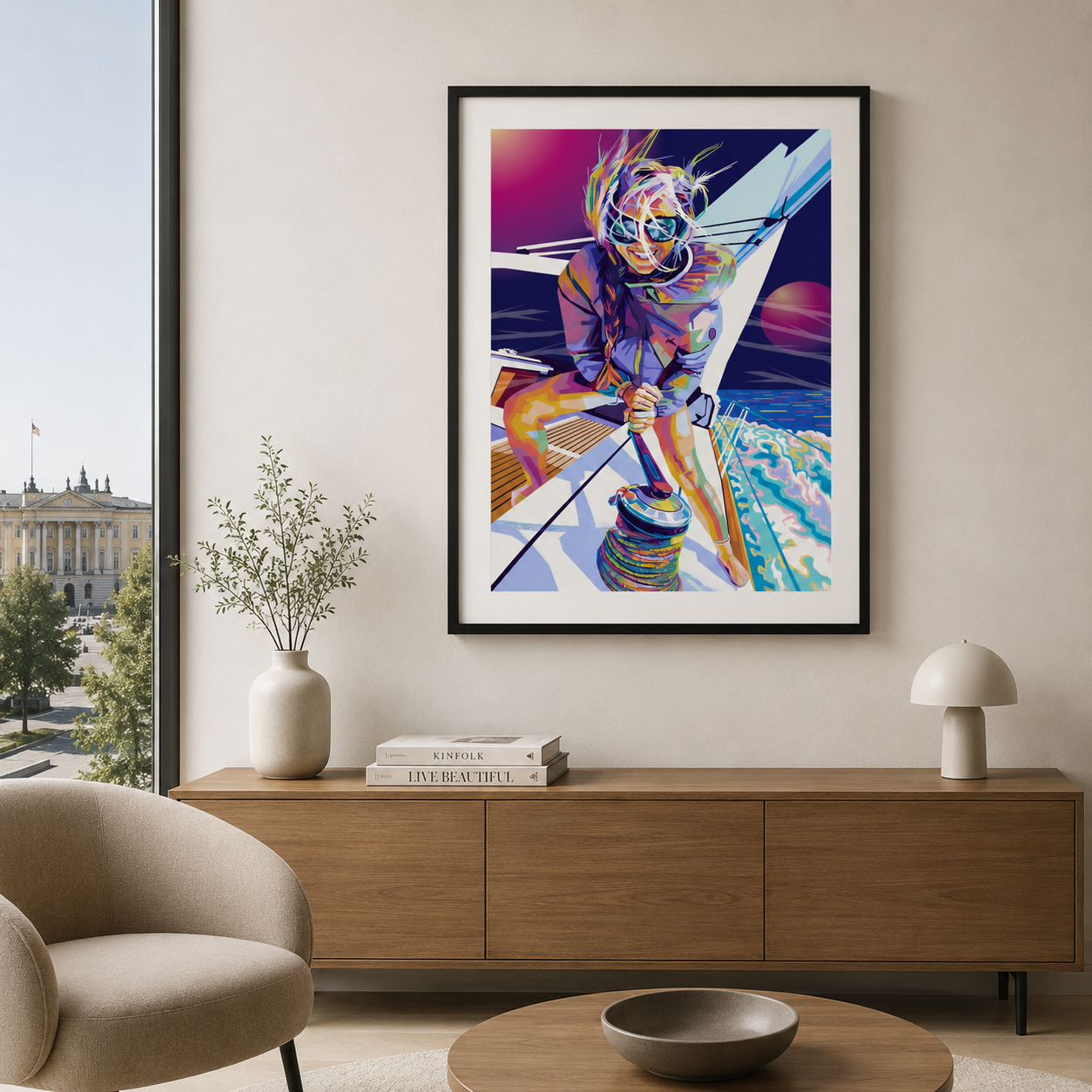 Tend art, pop art kunsttrykk vist i miljø med slottet i bakgrunnen. 
