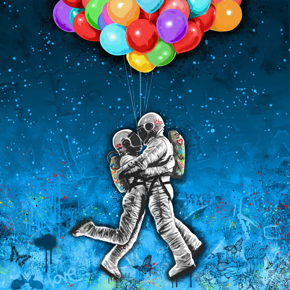 Rino Larsen, kunsttrykket To The Moon, astronauter, astronautkunst, Boligmessen Hellerudsletta, Fineart, Galleri2b, Valentinesgave, Valentinegift