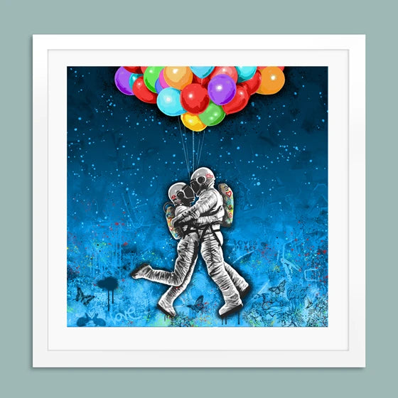 Rino Larsen, kunsttrykket To The Moon, astronauter, astronautkunst, Boligmessen Hellerudsletta, Fineart, Galleri2b, Valentinesgave, Valentinegift