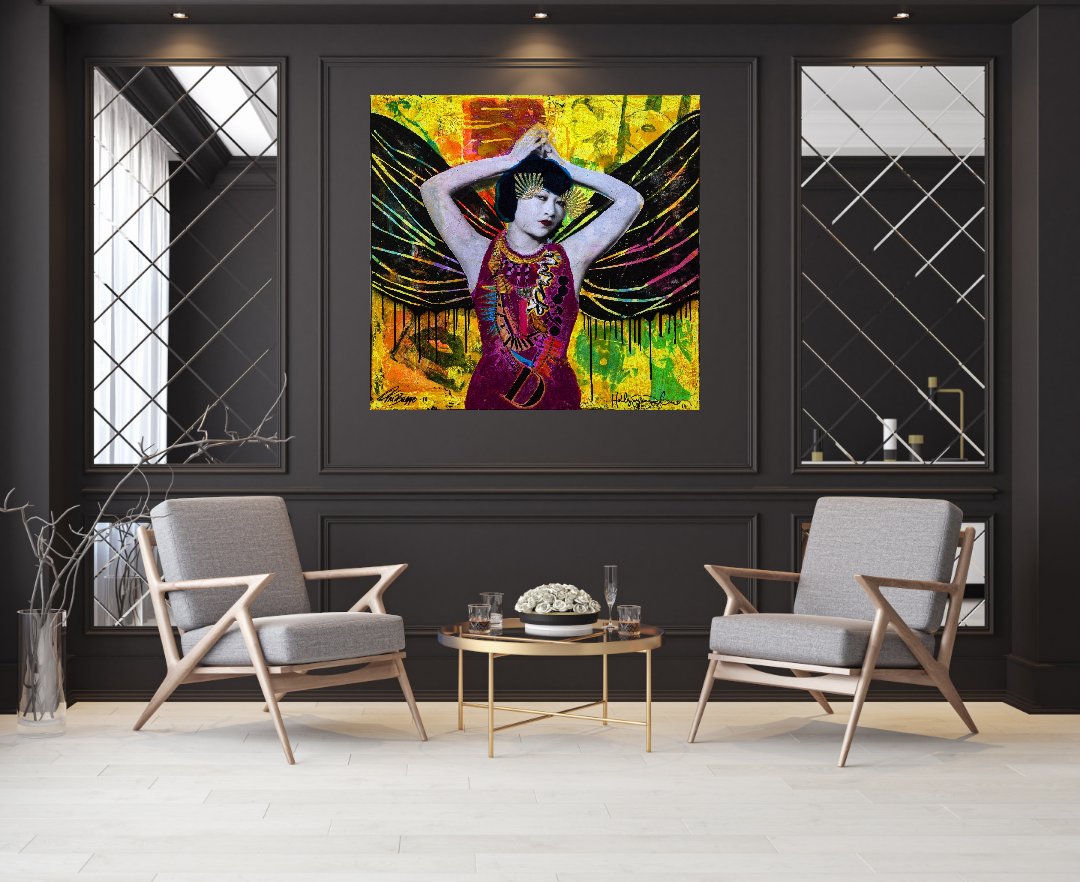Fru Bugge - Holly Susanne Rader - Originalen, Hilde Bugge, Stort maleri, original, Popart, Hilde Bugge, Boligmesse, Boligmesse Hellerudsletta, Fineart galleri, Fargerikt interiør